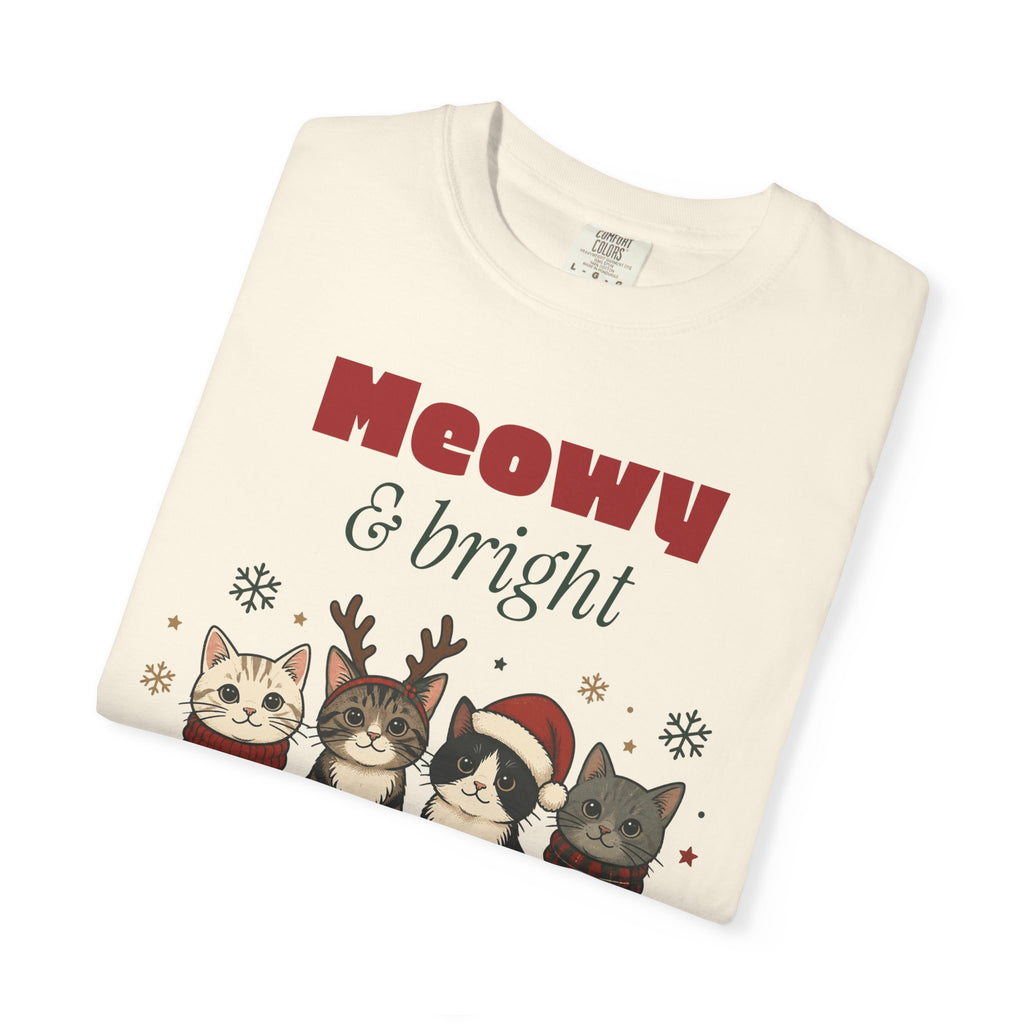 Meowy and Bright Cat Christmas Comfort Colors Tee, Cat Lover Gift