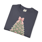 Coquette Bow Christmas Tree Comfort Colors Tee, Pink Christmas Gift for Her