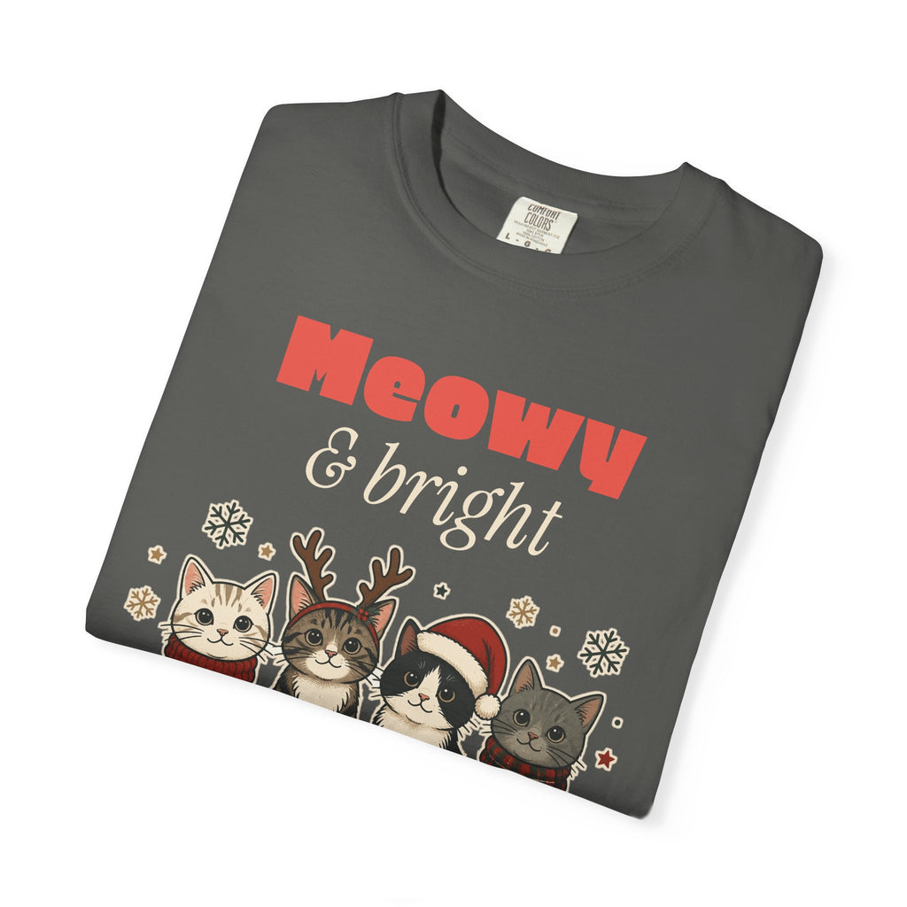 Meowy and Bright Cat Christmas Comfort Colors Tee, Cat Lover Gift