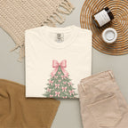 Coquette Bow Christmas Tree Comfort Colors Tee, Pink Christmas Gift for Her