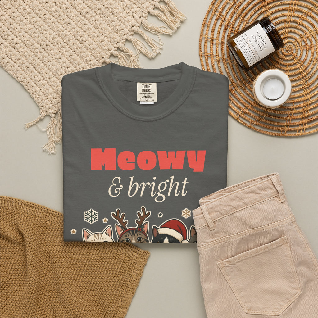 Meowy and Bright Cat Christmas Comfort Colors Tee, Cat Lover Gift