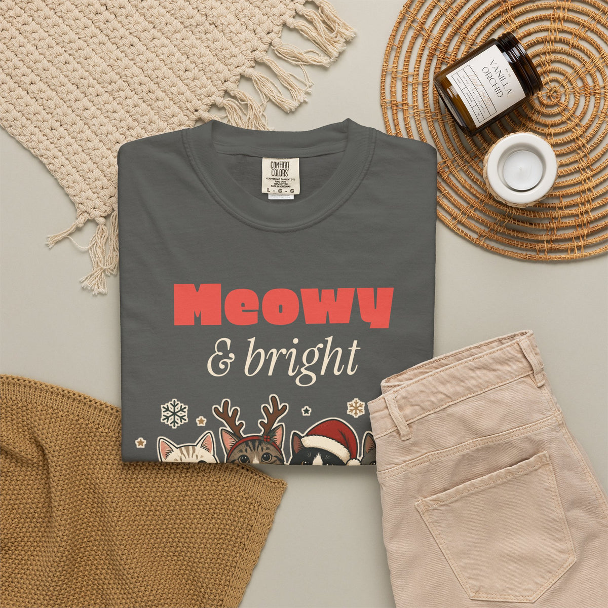 Meowy and Bright Cat Christmas Comfort Colors Tee, Cat Lover Gift