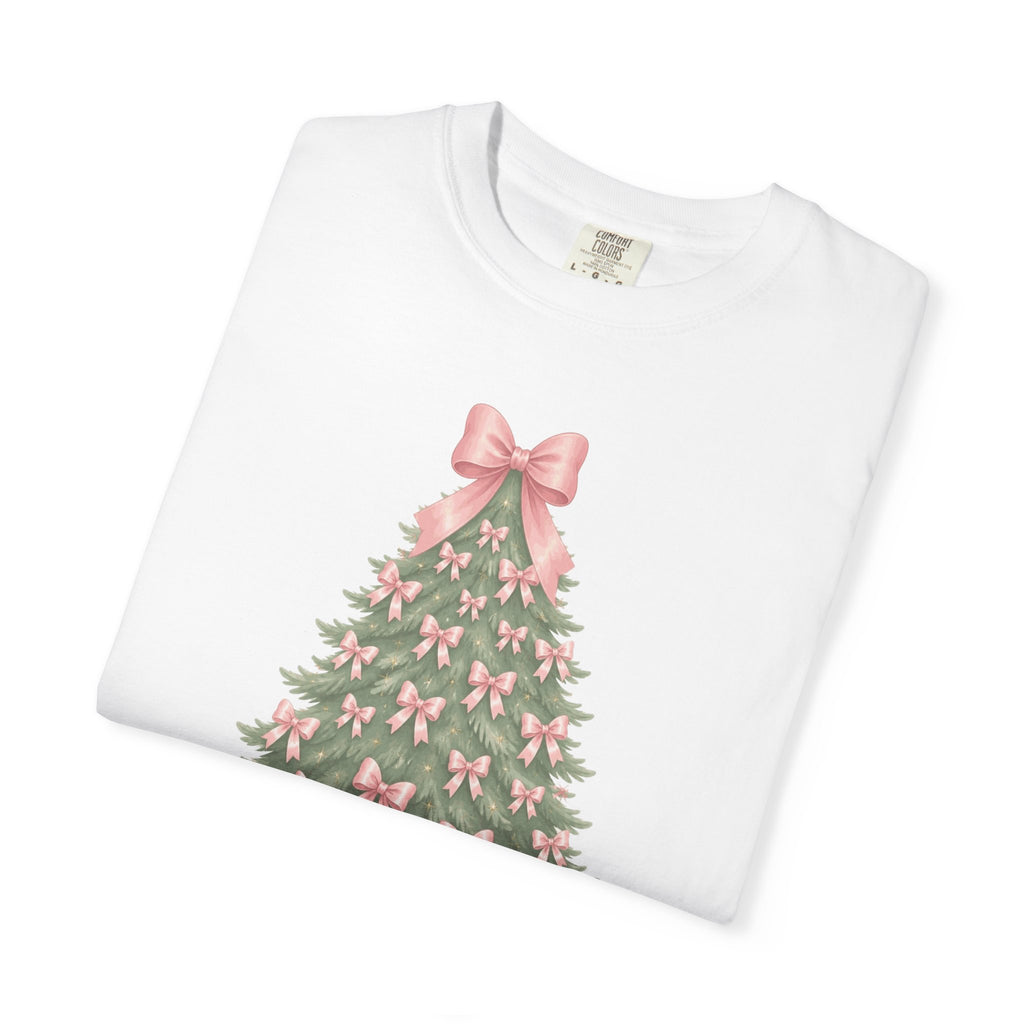 Coquette Bow Christmas Tree Comfort Colors Tee, Pink Christmas Gift for Her