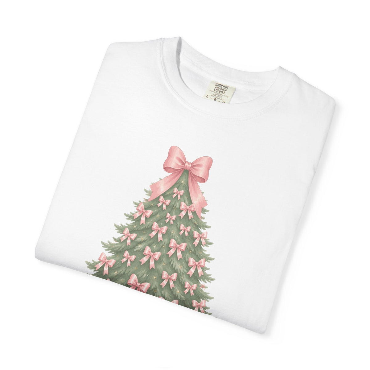 Coquette Bow Christmas Tree Comfort Colors Tee, Pink Christmas Gift for Her