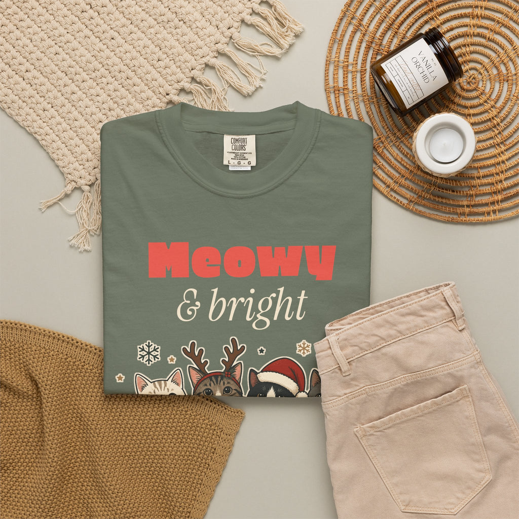 Meowy and Bright Cat Christmas Comfort Colors Tee, Cat Lover Gift