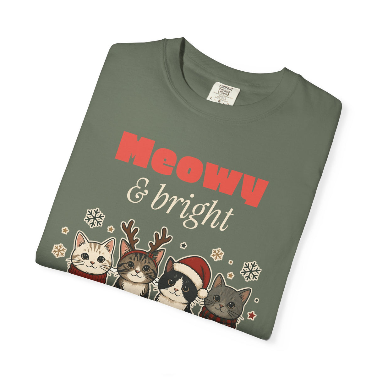 Meowy and Bright Cat Christmas Comfort Colors Tee, Cat Lover Gift