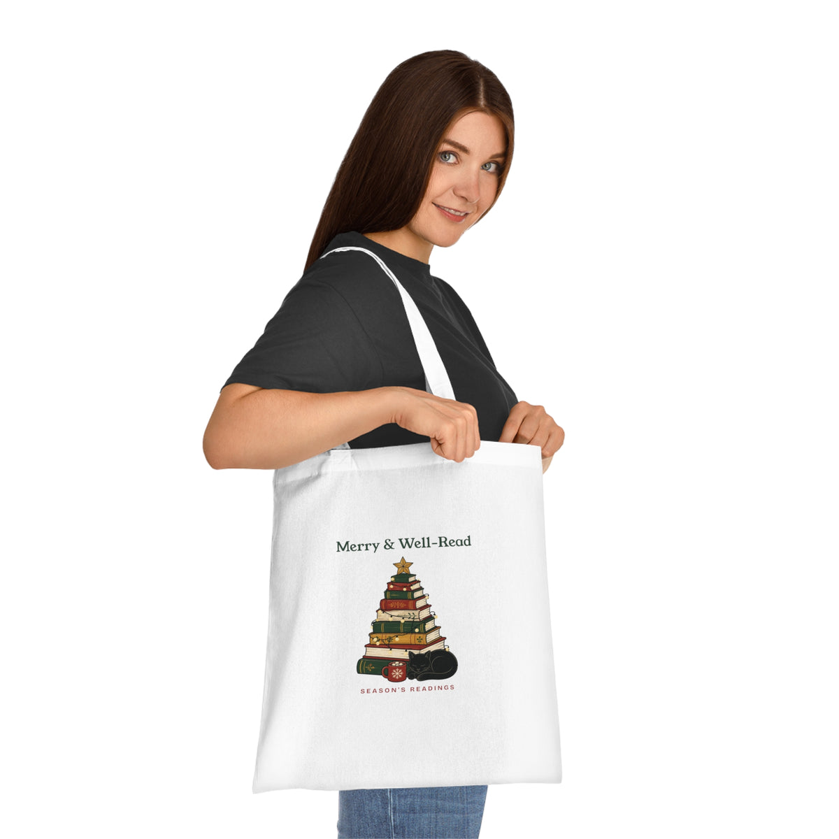 Merry and Well-Read Book Lover Christmas Tote Bag, Bookish Gift for Readers