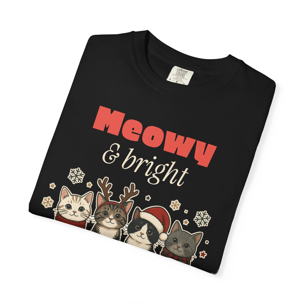 Meowy and Bright Cat Christmas Comfort Colors Tee, Cat Lover Gift