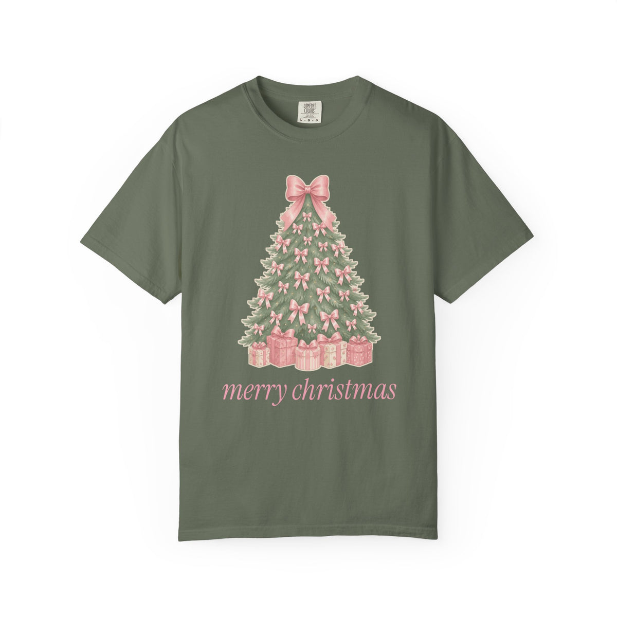 Coquette Bow Christmas Tree Comfort Colors Tee, Pink Christmas Gift for Her