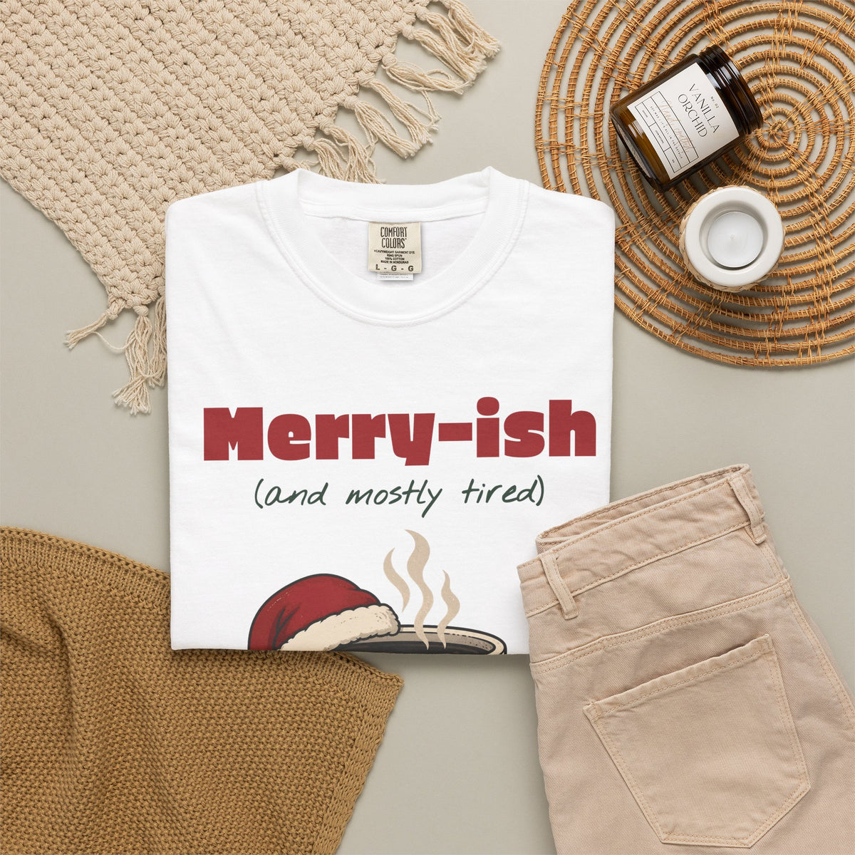 Merry-ish and Mostly Tired Christmas Coffee Comfort Colors Tee, Funny Christmas Gift