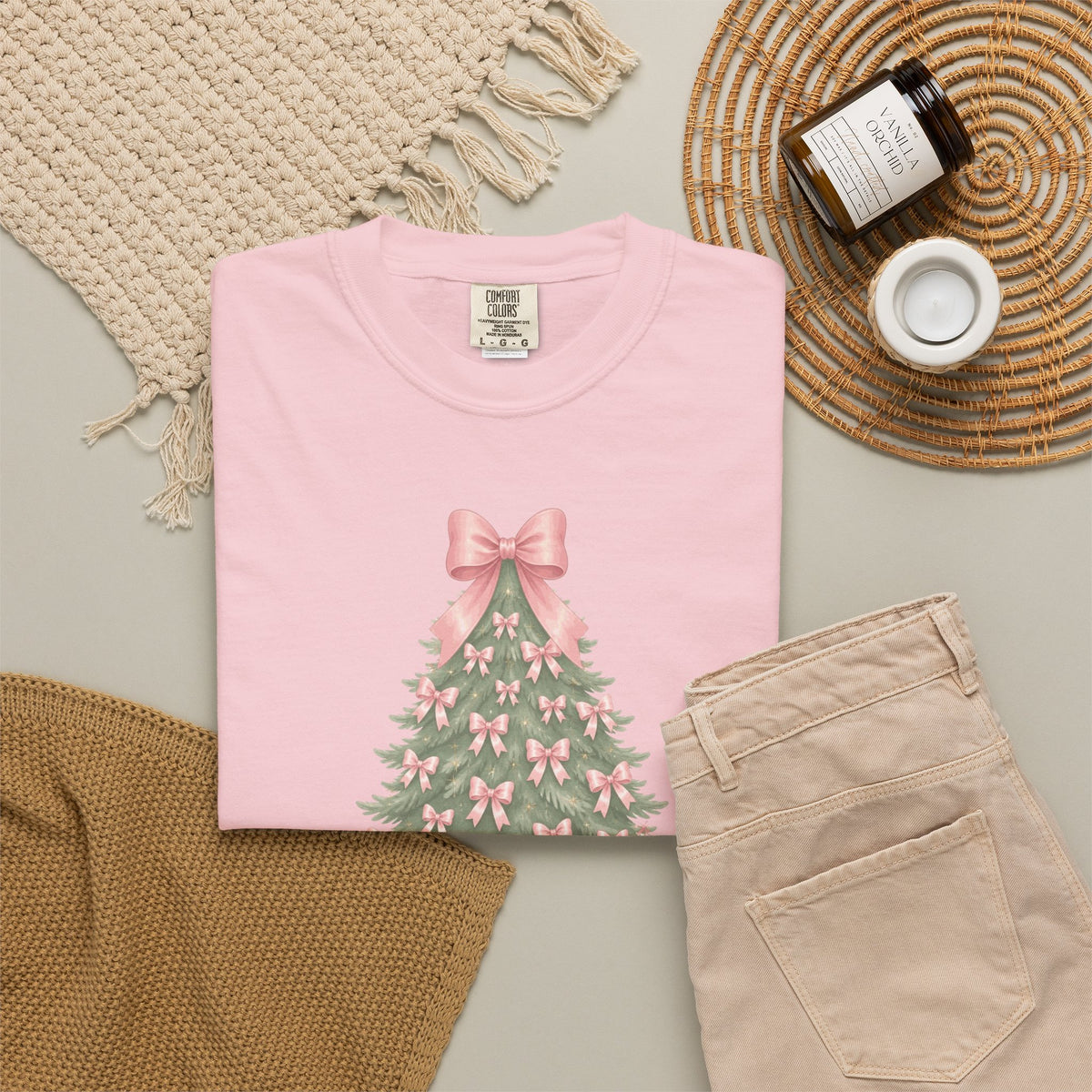 Coquette Bow Christmas Tree Comfort Colors Tee, Pink Christmas Gift for Her