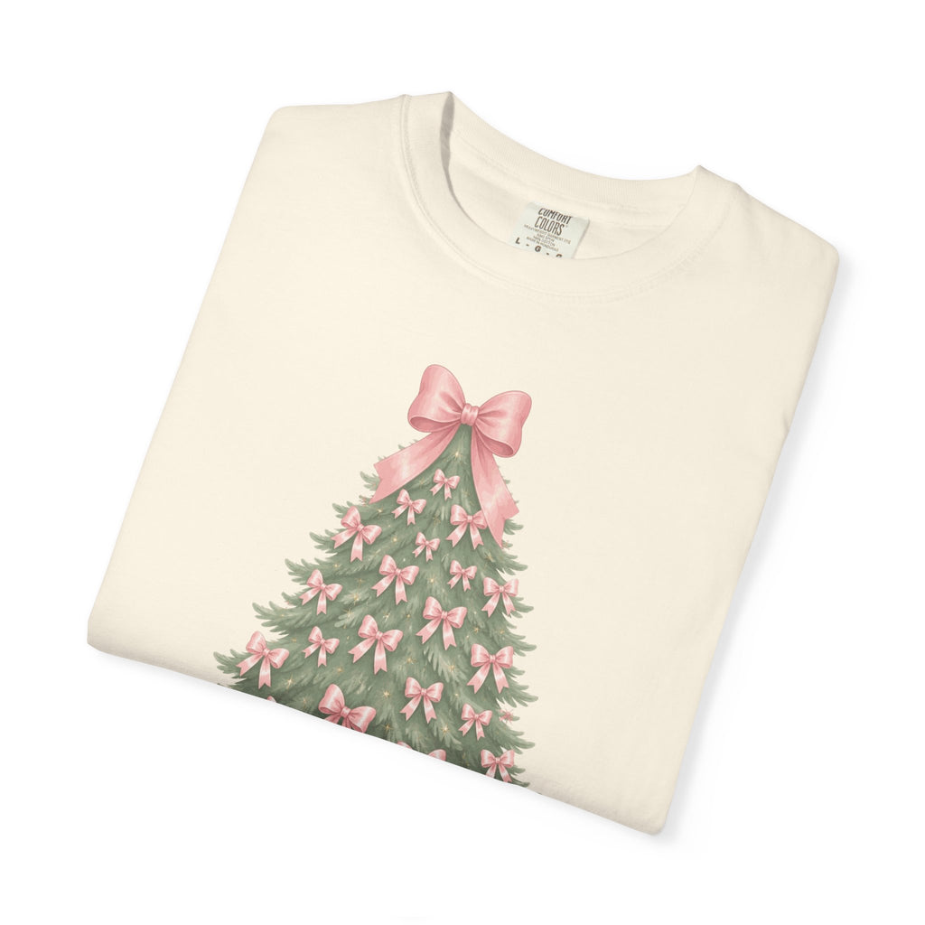 Coquette Bow Christmas Tree Comfort Colors Tee, Pink Christmas Gift for Her