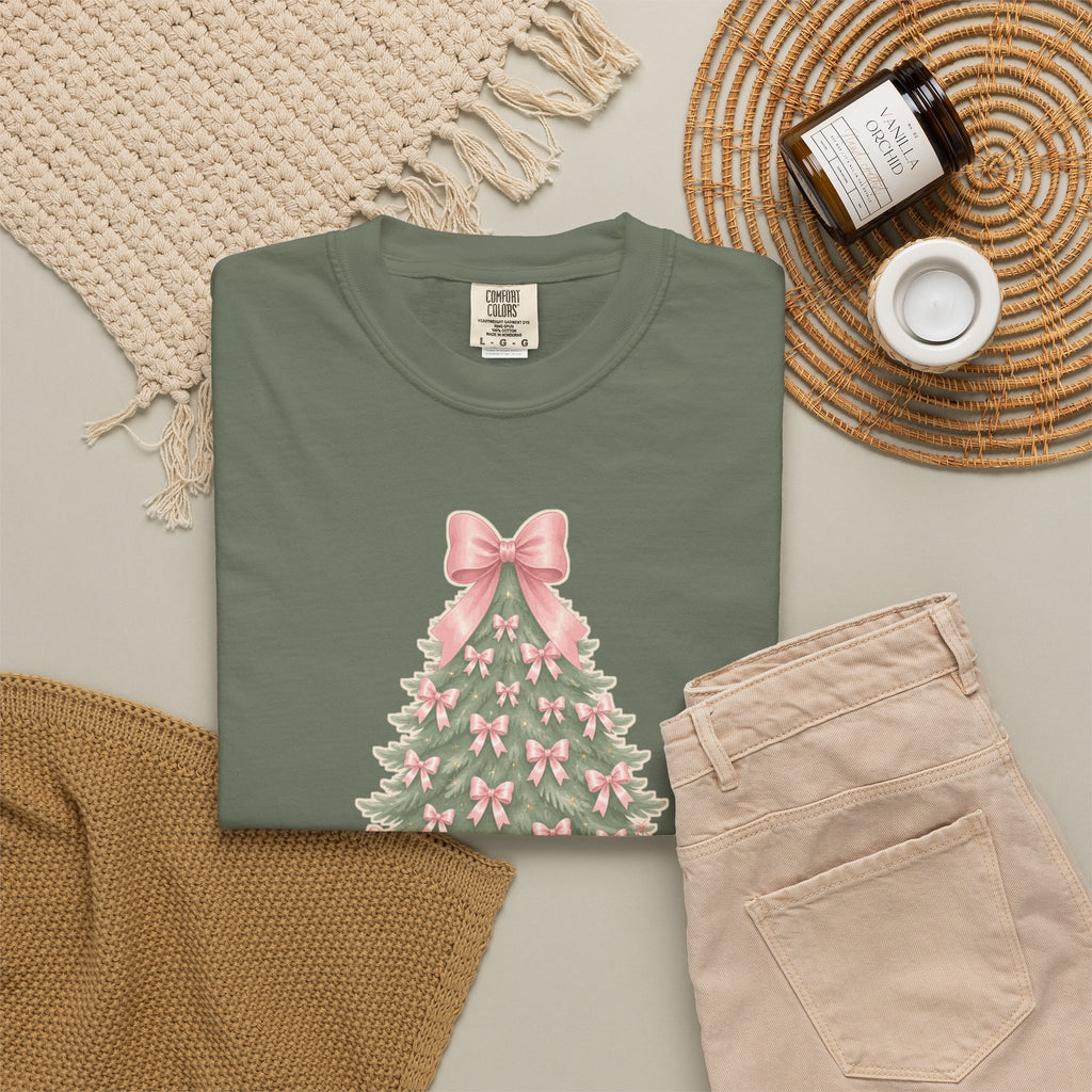 Coquette Bow Christmas Tree Comfort Colors Tee, Pink Christmas Gift for Her