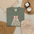 Coquette Bow Christmas Tree Comfort Colors Tee, Pink Christmas Gift for Her