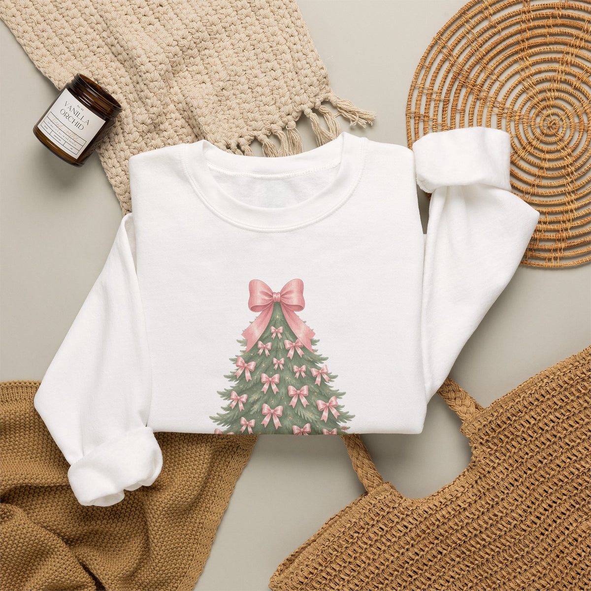 Coquette Bow Christmas Tree Sweatshirt, Pink Christmas Gift for Her