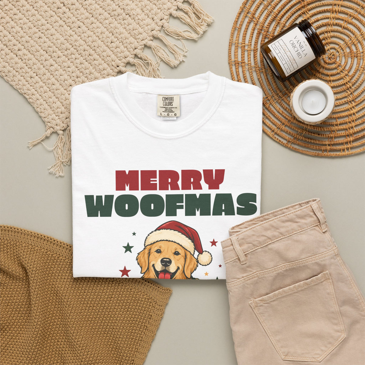 Merry Woofmas Golden Retriever Christmas Comfort Colors Tee, Dog Mom Gift