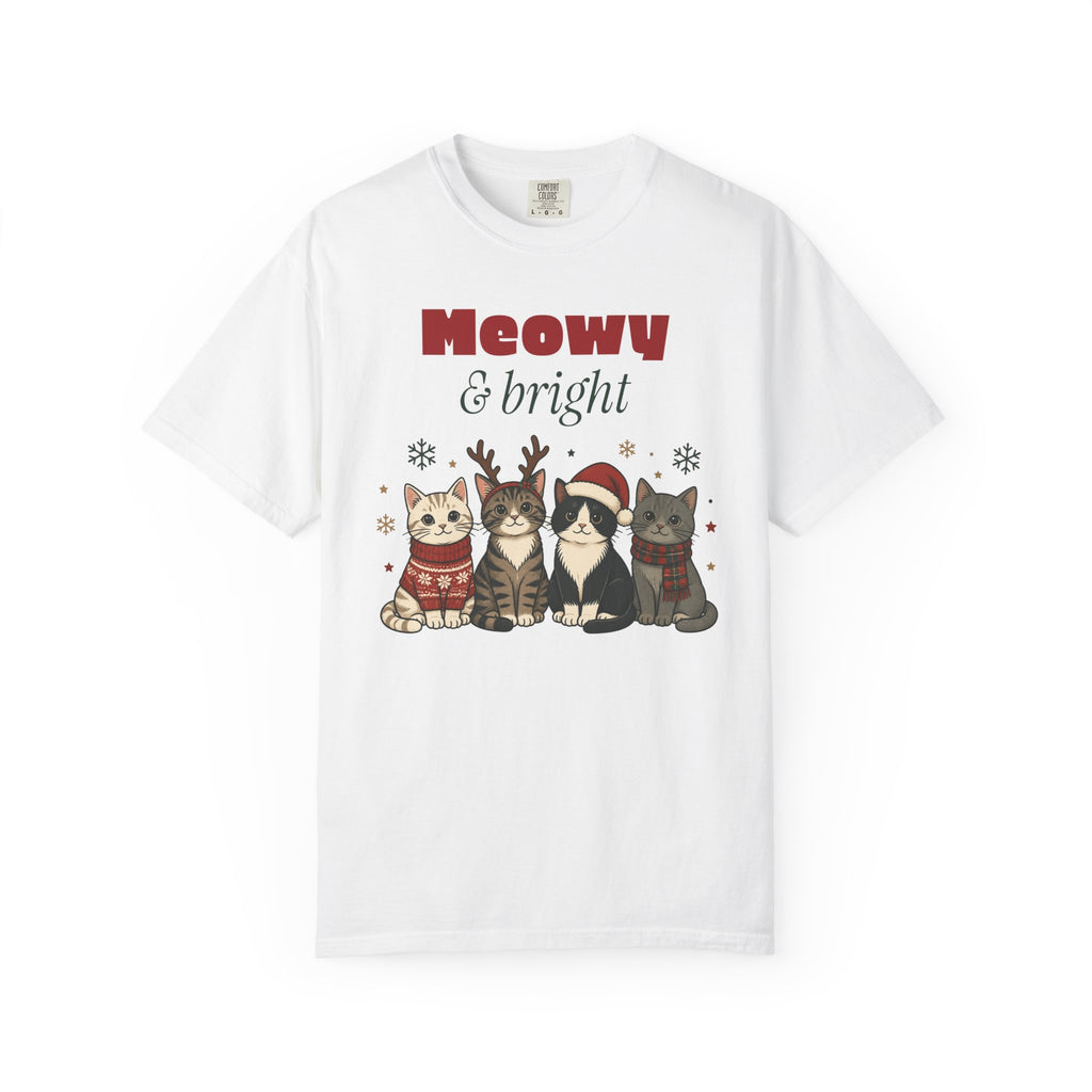 Meowy and Bright Cat Christmas Comfort Colors Tee, Cat Lover Gift