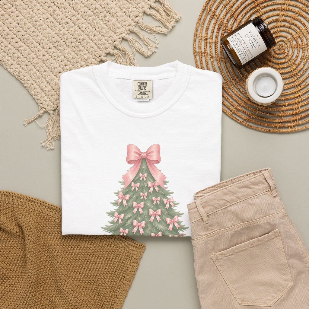 Coquette Bow Christmas Tree Comfort Colors Tee, Pink Christmas Gift for Her