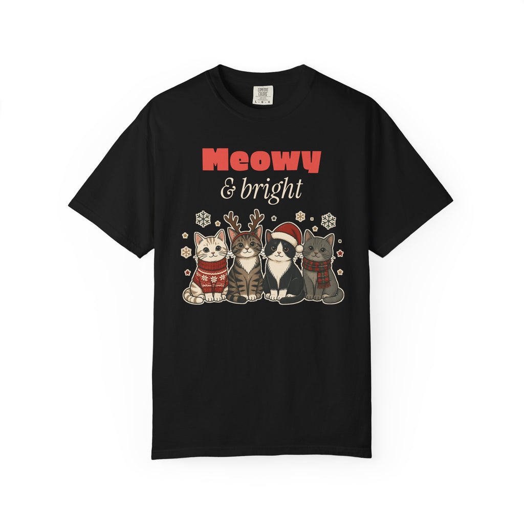 Meowy and Bright Cat Christmas Comfort Colors Tee, Cat Lover Gift