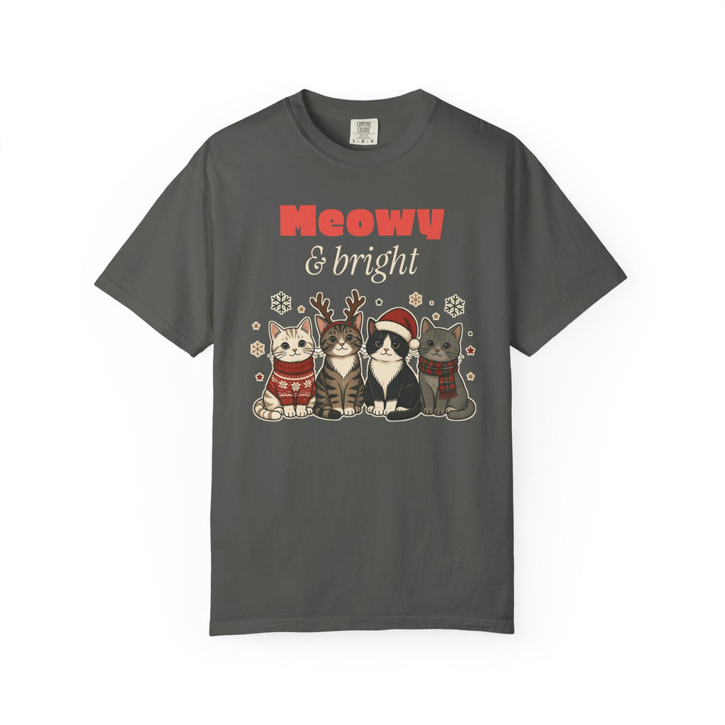 Meowy and Bright Cat Christmas Comfort Colors Tee, Cat Lover Gift