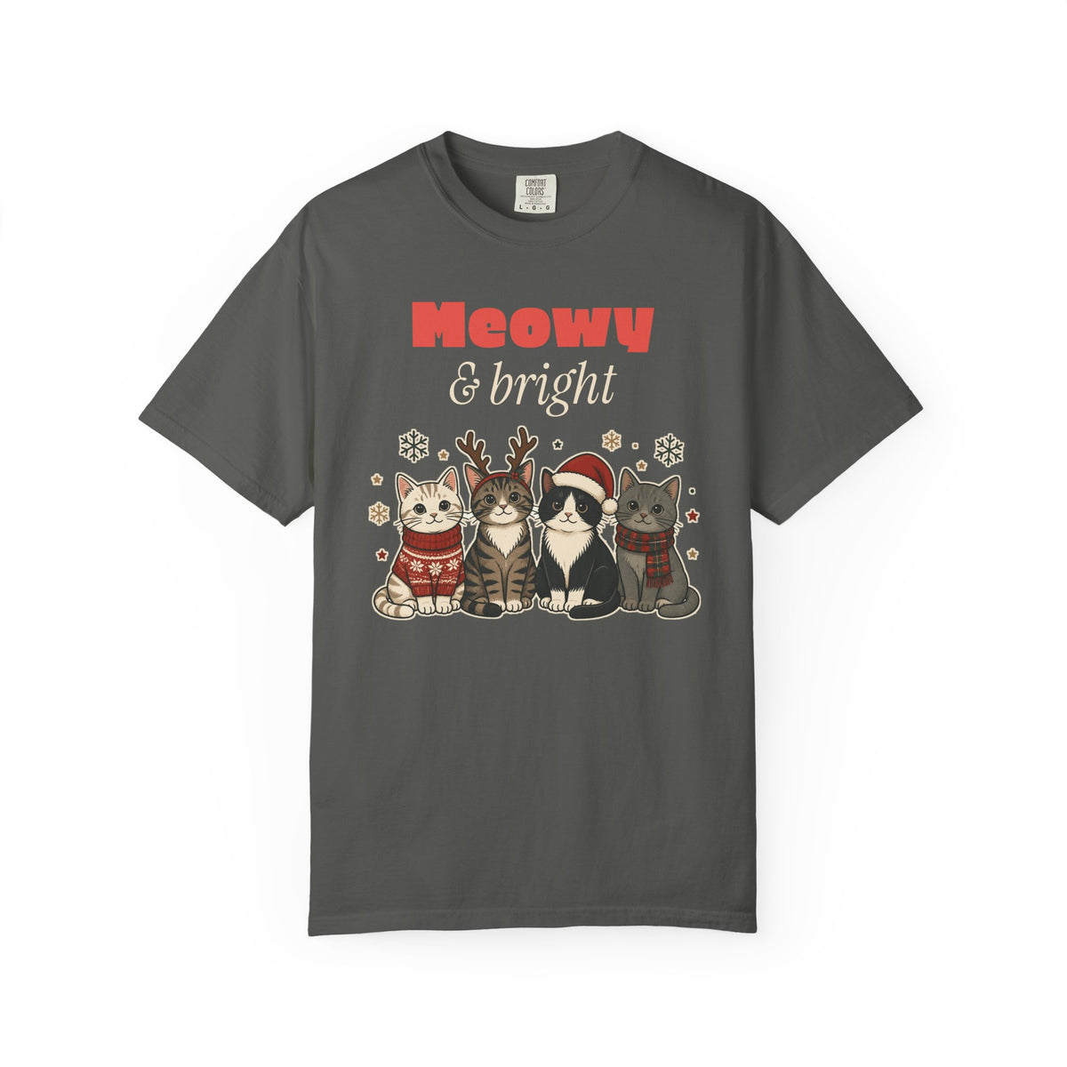 Meowy and Bright Cat Christmas Comfort Colors Tee, Cat Lover Gift