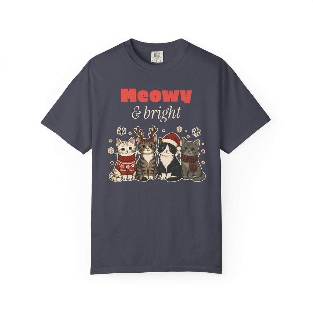 Meowy and Bright Cat Christmas Comfort Colors Tee, Cat Lover Gift