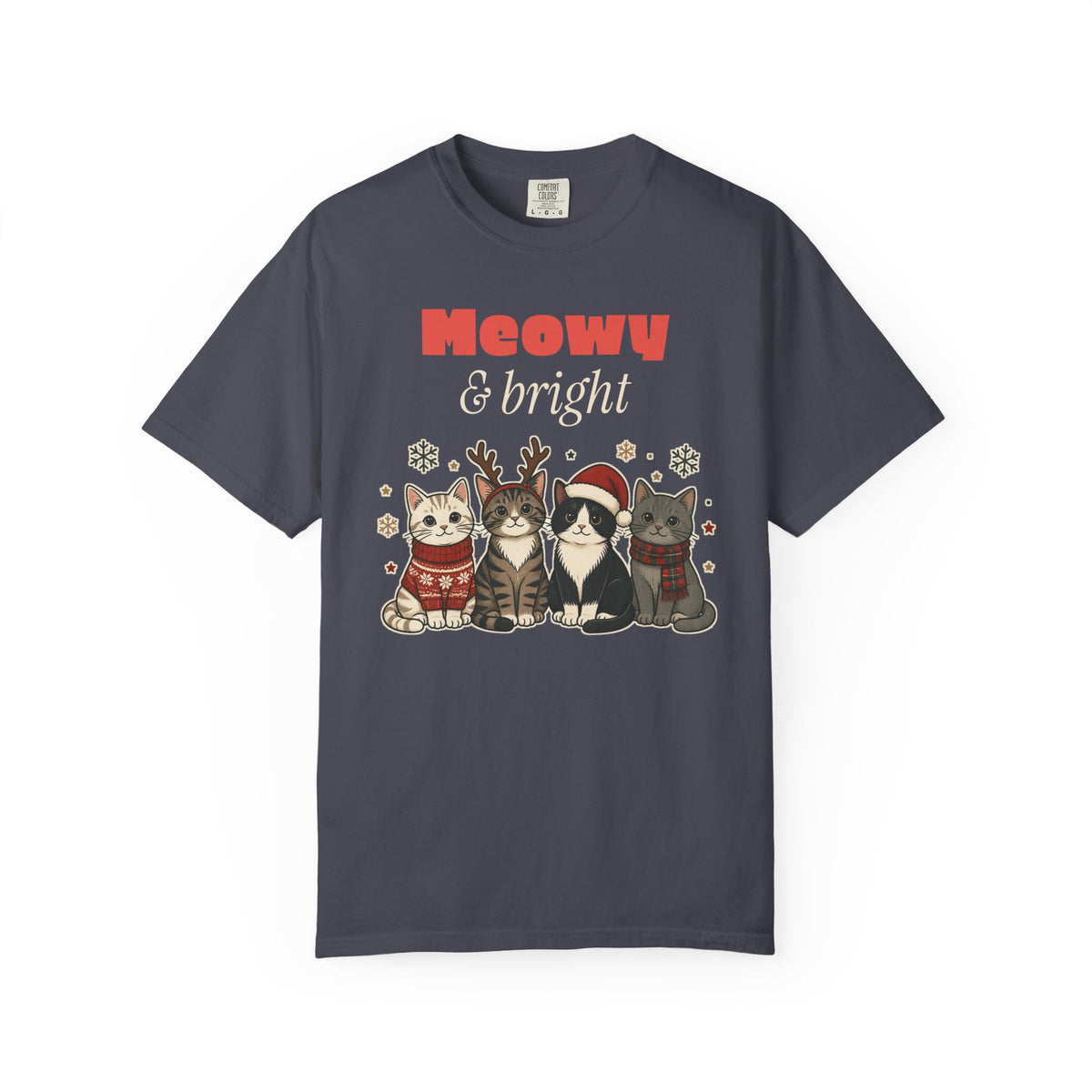 Meowy and Bright Cat Christmas Comfort Colors Tee, Cat Lover Gift