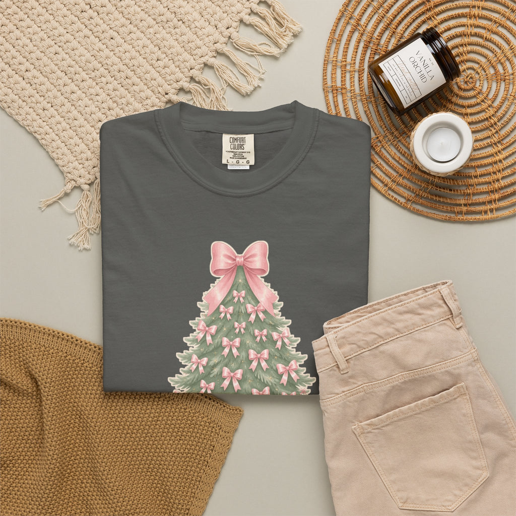 Coquette Bow Christmas Tree Comfort Colors Tee, Pink Christmas Gift for Her