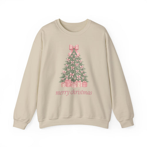 Coquette Bow Christmas Tree Sweatshirt, Pink Christmas Gift for Her