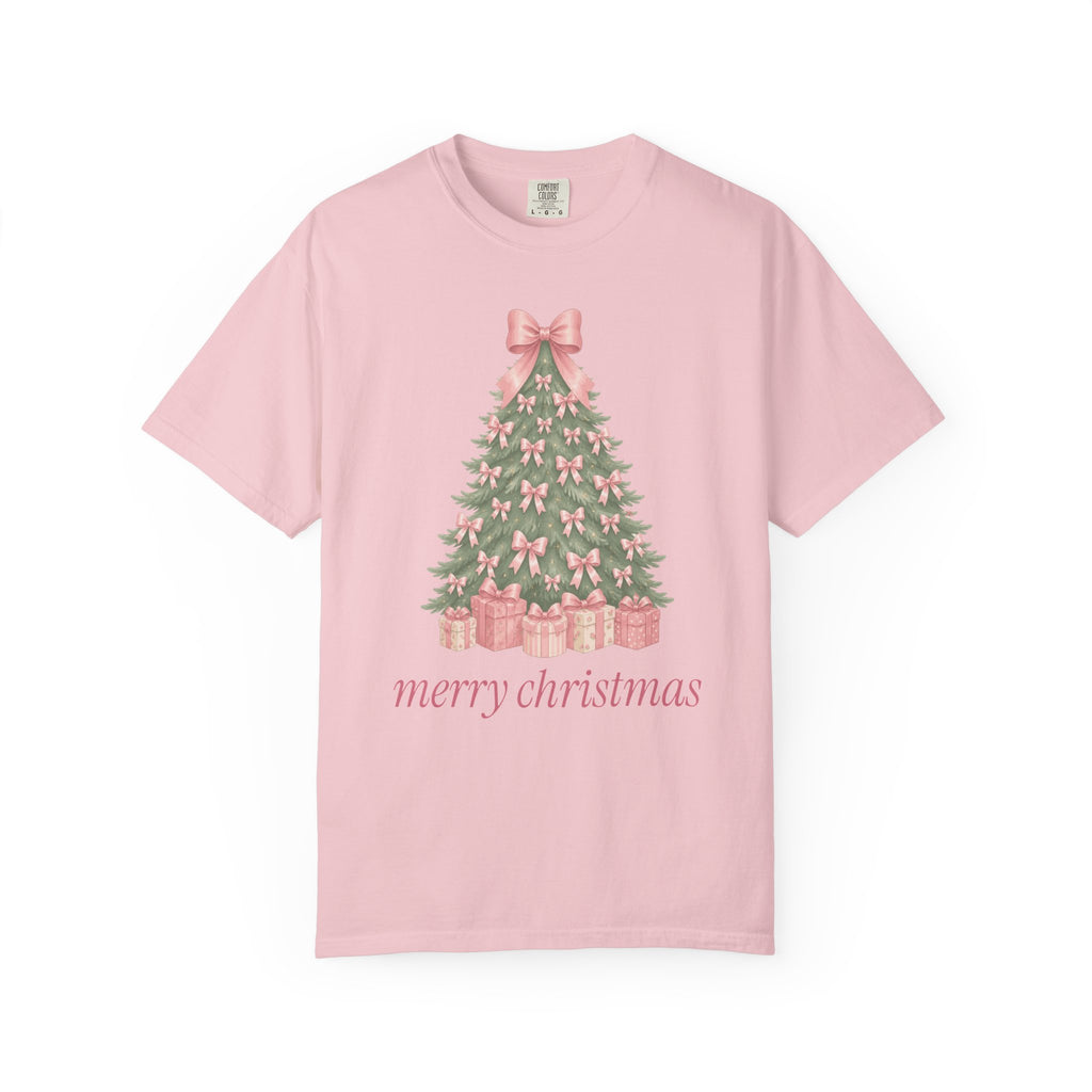 Coquette Bow Christmas Tree Comfort Colors Tee, Pink Christmas Gift for Her