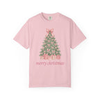 Coquette Bow Christmas Tree Comfort Colors Tee, Pink Christmas Gift for Her