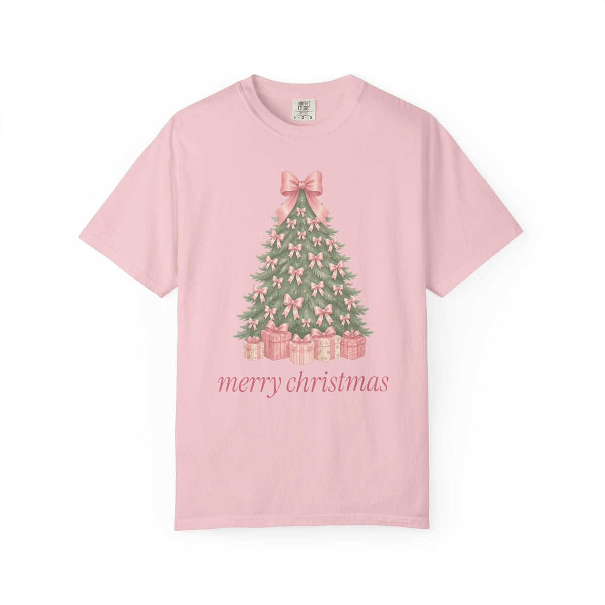 Coquette Bow Christmas Tree Comfort Colors Tee, Pink Christmas Gift for Her