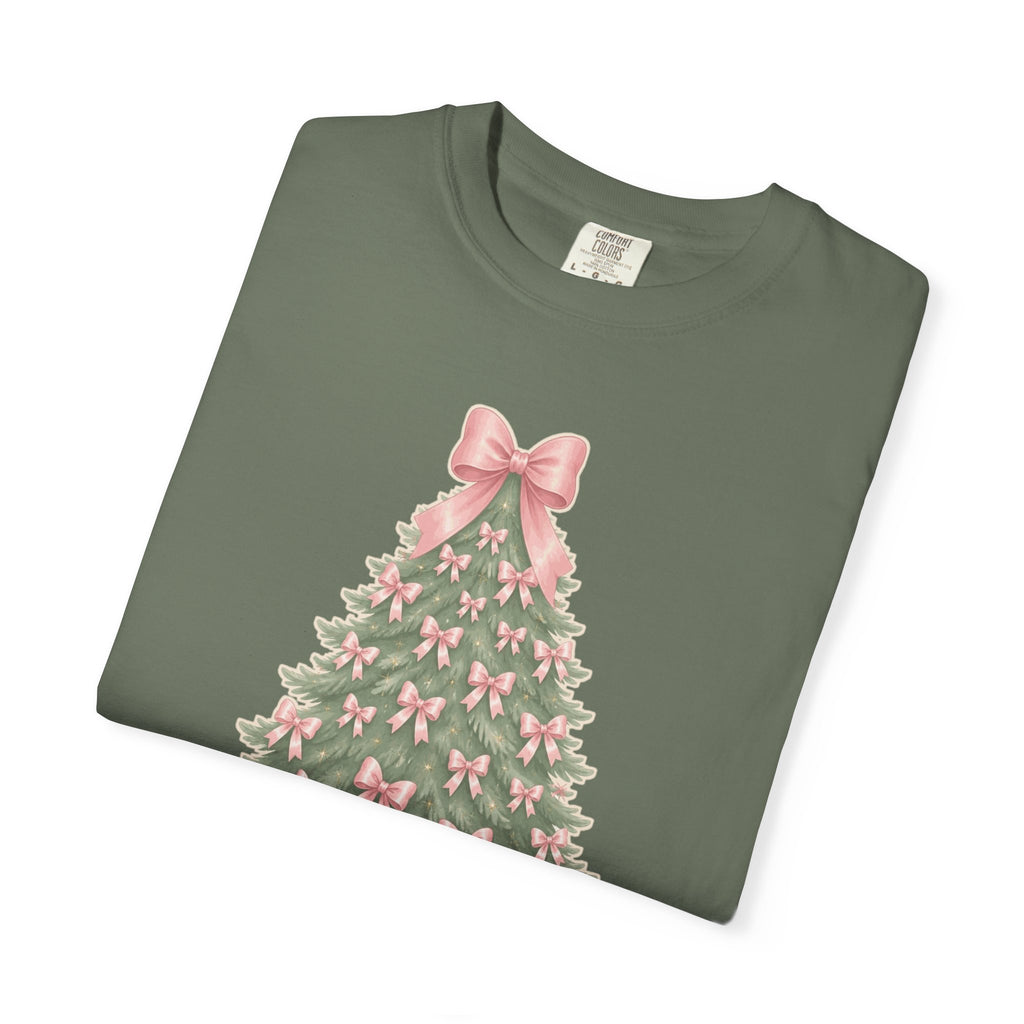 Coquette Bow Christmas Tree Comfort Colors Tee, Pink Christmas Gift for Her