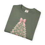 Coquette Bow Christmas Tree Comfort Colors Tee, Pink Christmas Gift for Her