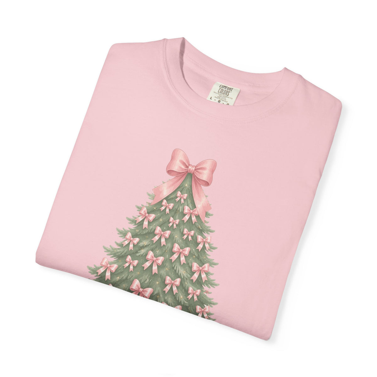 Coquette Bow Christmas Tree Comfort Colors Tee, Pink Christmas Gift for Her