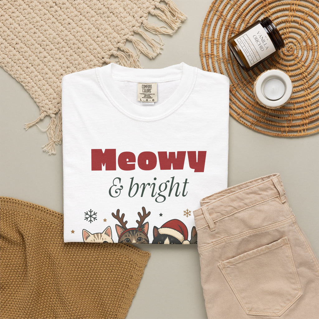 Meowy and Bright Cat Christmas Comfort Colors Tee, Cat Lover Gift