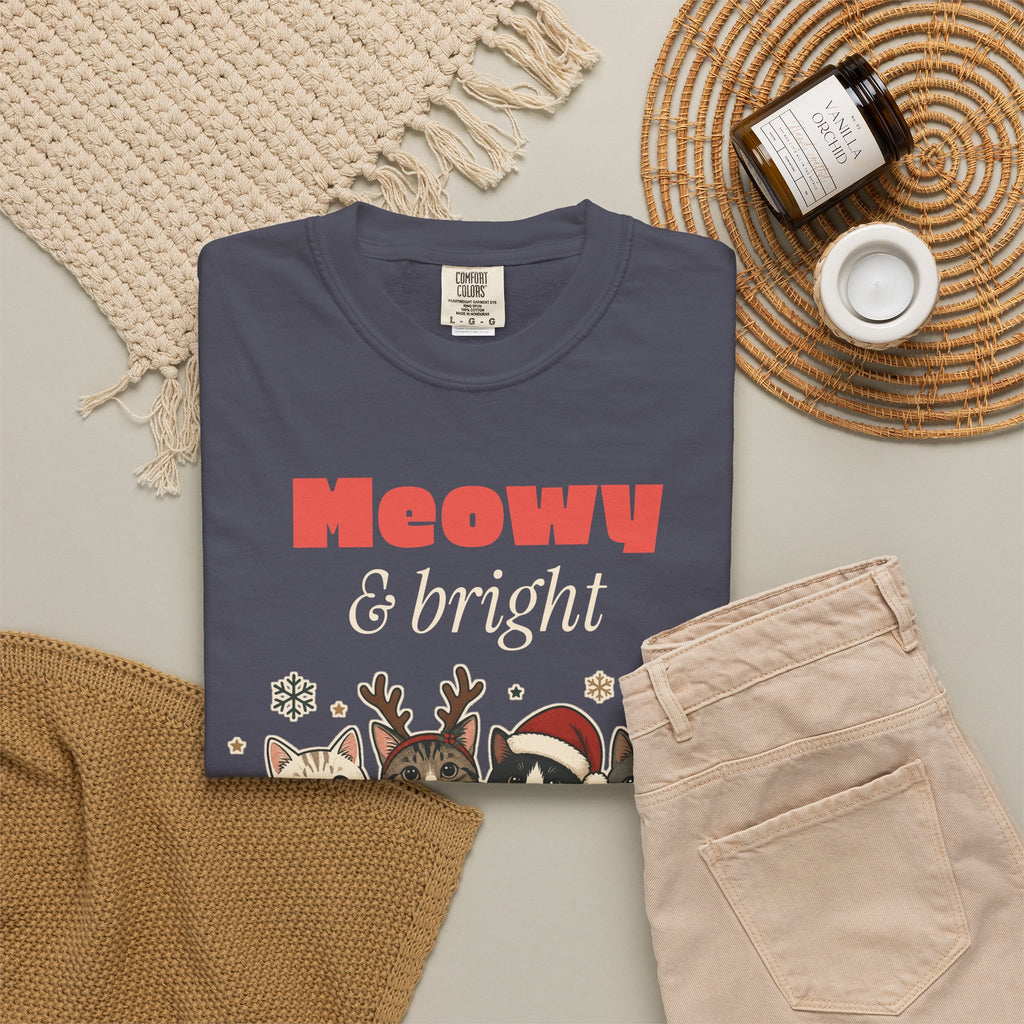 Meowy and Bright Cat Christmas Comfort Colors Tee, Cat Lover Gift