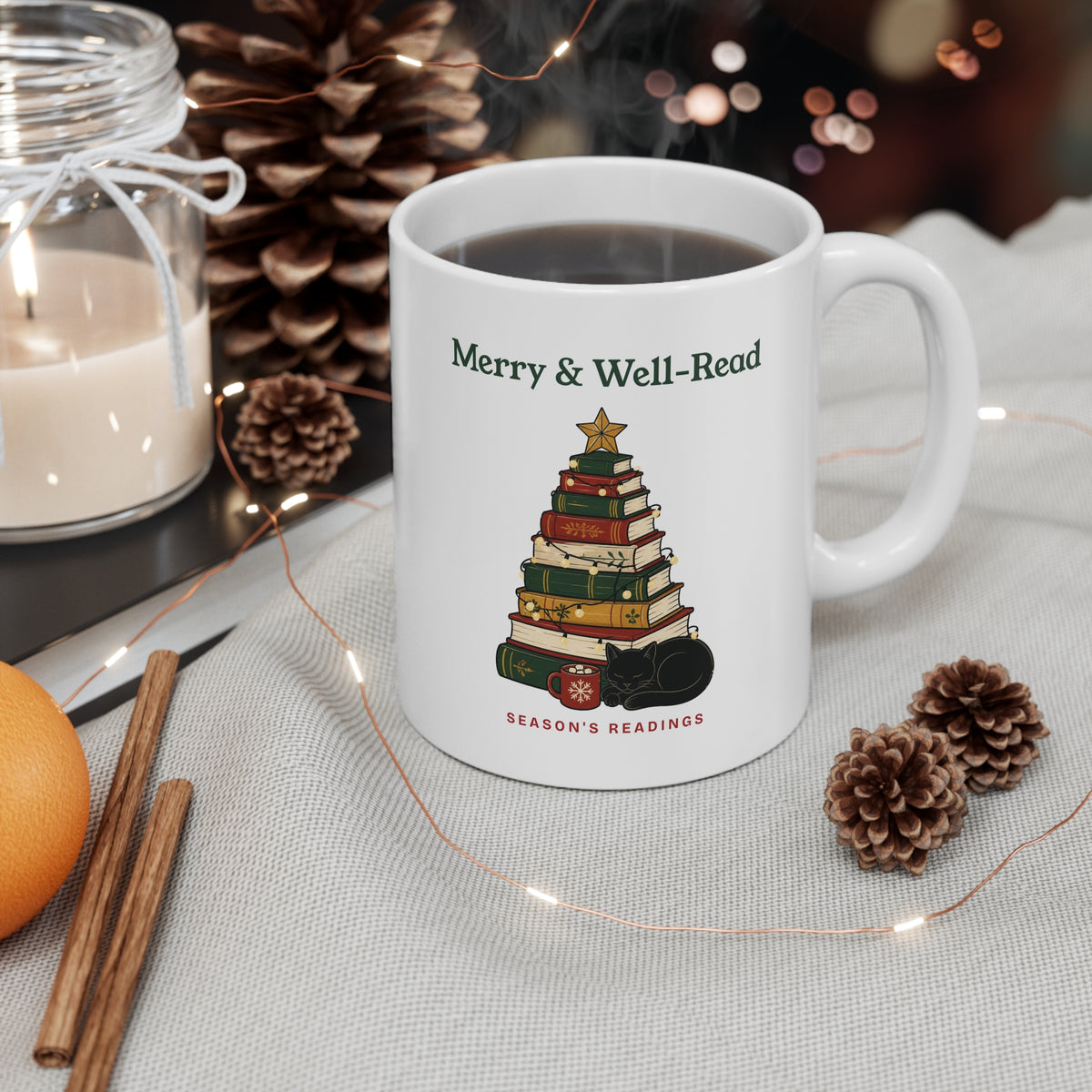 Merry and Well-Read Book Lover Christmas Mug 11oz, Bookish Gift for Readers