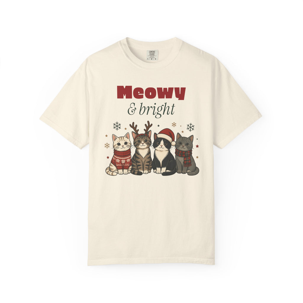 Meowy and Bright Cat Christmas Comfort Colors Tee, Cat Lover Gift