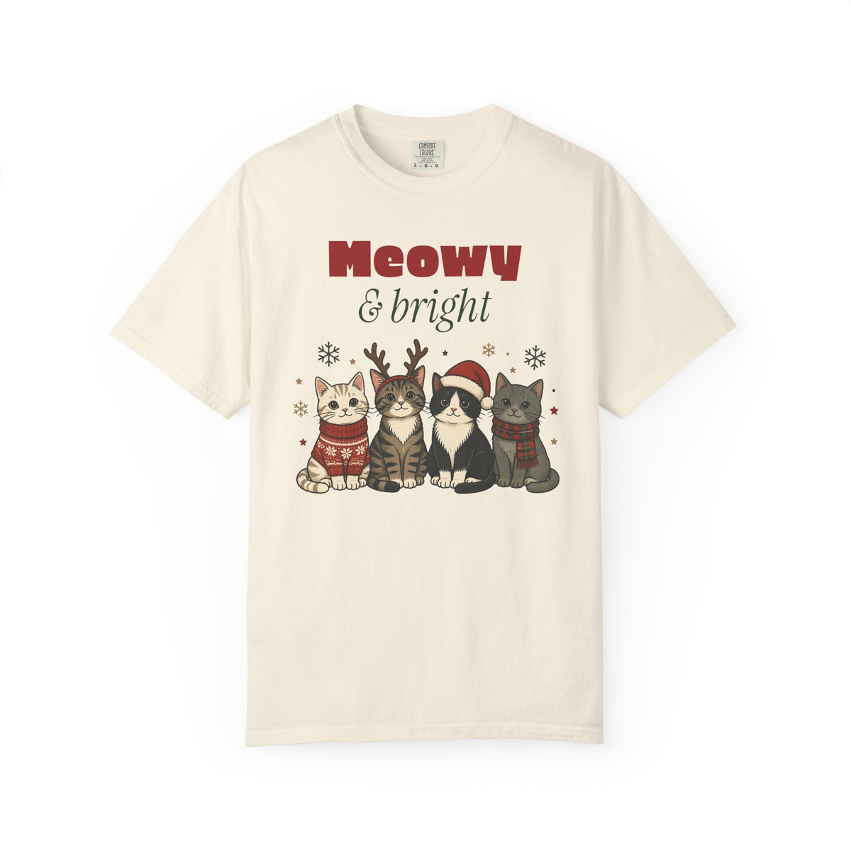 Meowy and Bright Cat Christmas Comfort Colors Tee, Cat Lover Gift