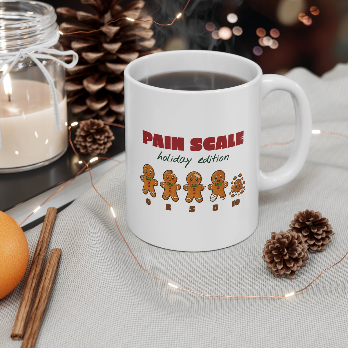 Gingerbread Pain Scale Holiday Edition Nurse Christmas Mug 11oz, Funny Nurse Gift