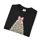 Coquette Bow Christmas Tree Comfort Colors Tee, Pink Christmas Gift for Her