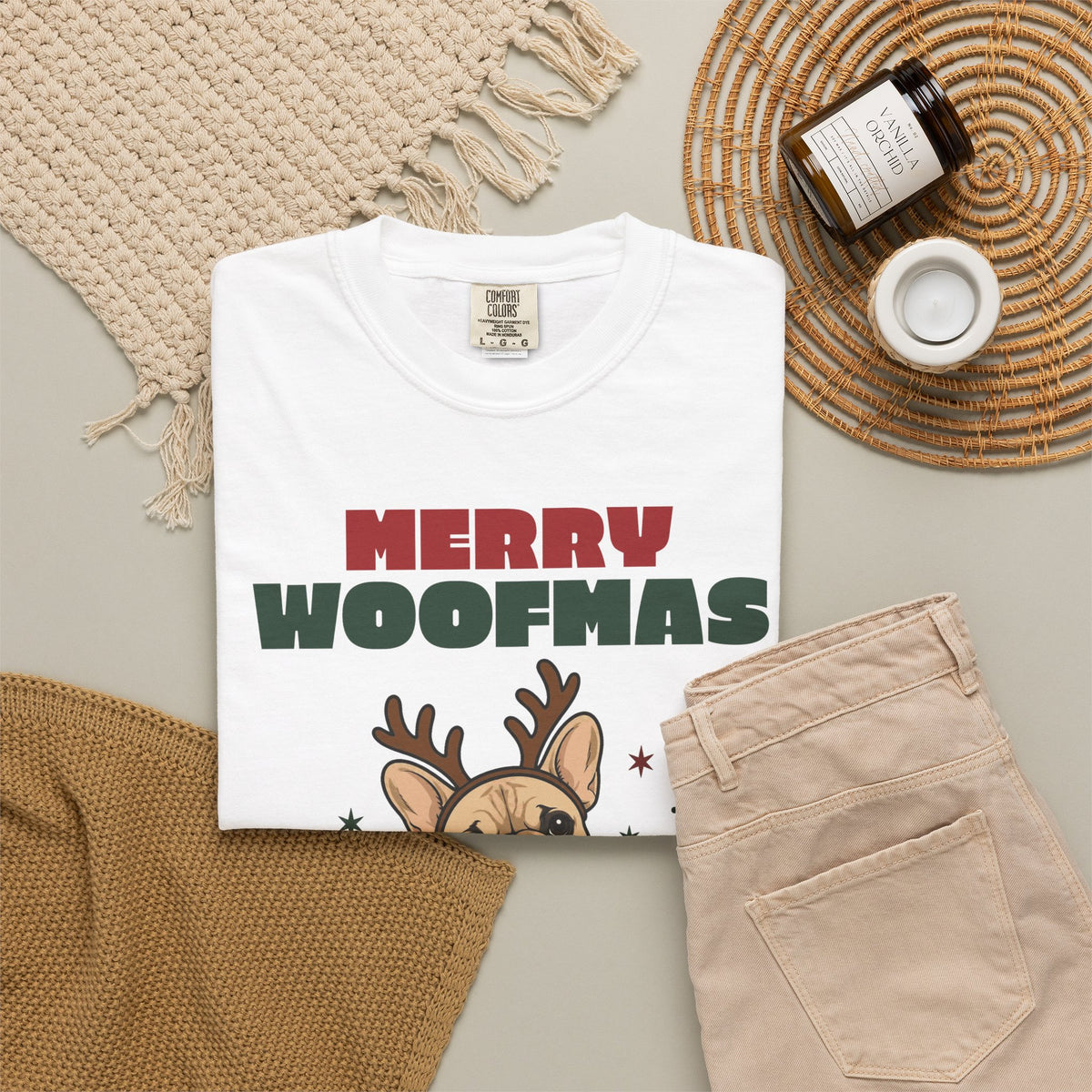 Merry Woofmas French Bulldog Christmas Comfort Colors Tee, Dog Mom Gift