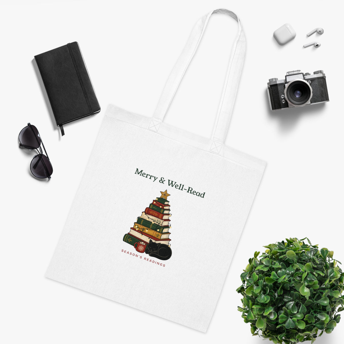Merry and Well-Read Book Lover Christmas Tote Bag, Bookish Gift for Readers