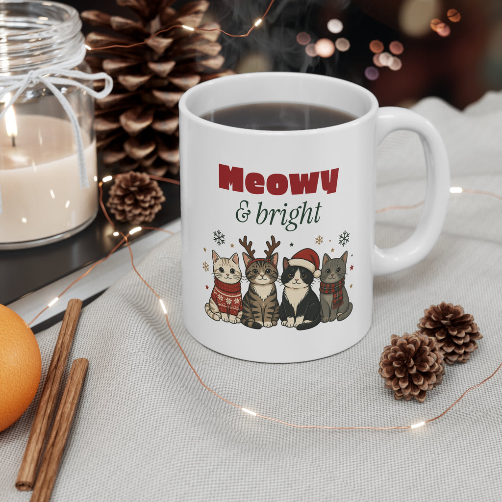 Meowy and Bright Cat Christmas Mug 11oz, Cat Lover Gift