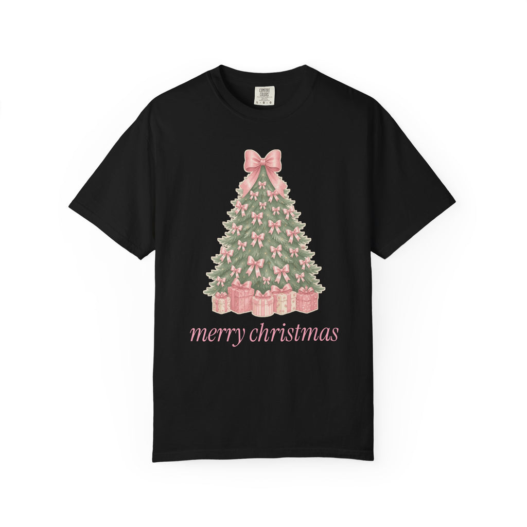 Coquette Bow Christmas Tree Comfort Colors Tee, Pink Christmas Gift for Her
