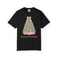 Coquette Bow Christmas Tree Comfort Colors Tee, Pink Christmas Gift for Her