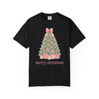 Coquette Bow Christmas Tree Comfort Colors Tee, Pink Christmas Gift for Her