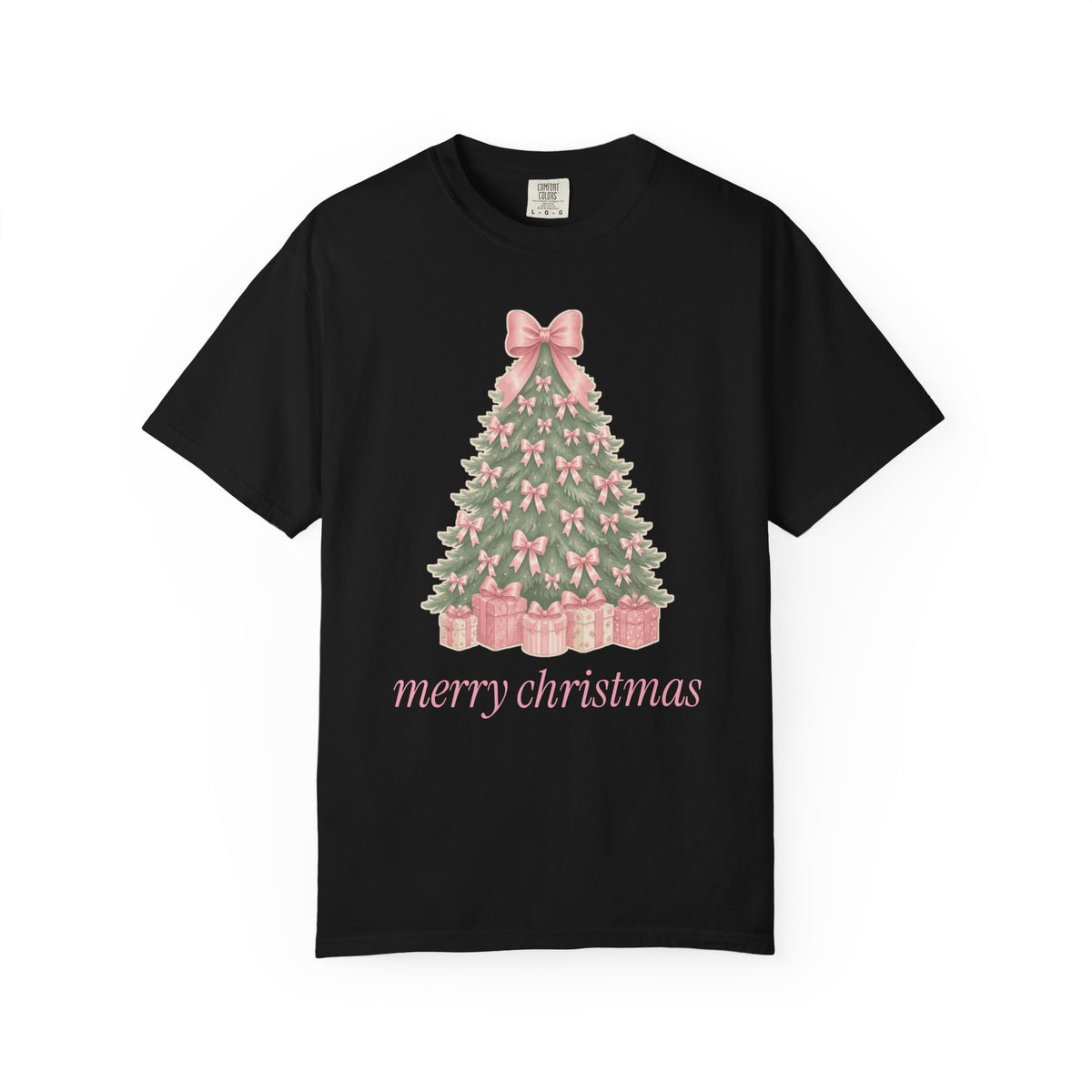 Coquette Bow Christmas Tree Comfort Colors Tee, Pink Christmas Gift for Her