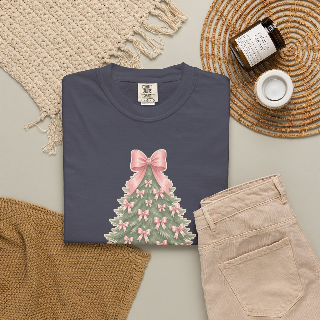 Coquette Bow Christmas Tree Comfort Colors Tee, Pink Christmas Gift for Her
